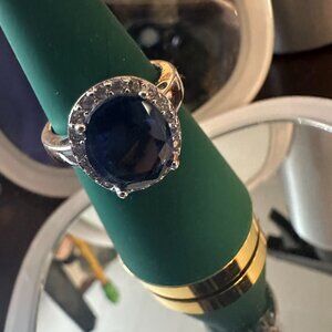 Blue oval and clear CZ cocktail ring sz 9